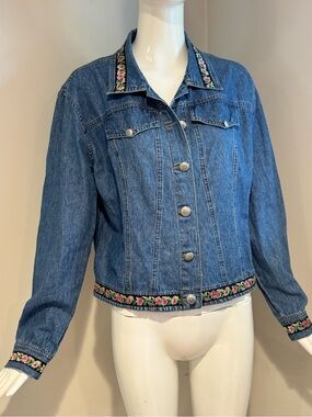Vintage Debra Martin Floral Trim Denim Jacket XL Embroidered Cottagecore